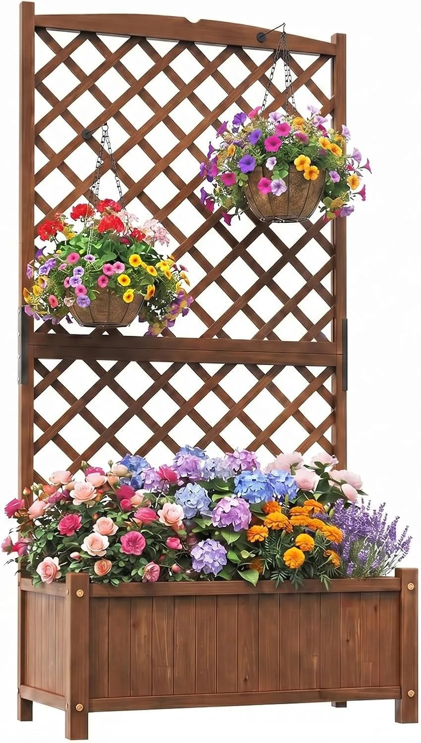 GOPLUS Blumenkasten mit Rankgitter, Hochbeet mit Spalier, Pflanzkasten Holz mit Abflussloch, Pflanzkübel mit Sichtschutz, Gartenbeet für Kletterpflanzen, für Garten & Balkon, 90x45x180,5 cm (Braun) - Bild 1