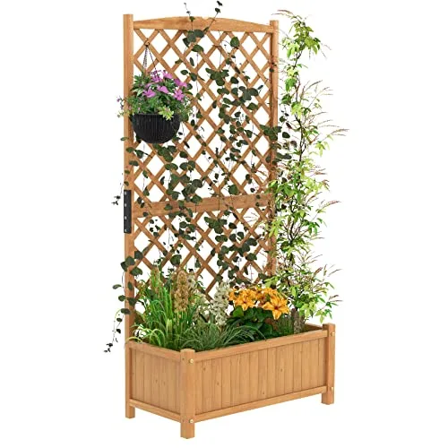 GOPLUS Blumenkasten mit Rankgitter, Hochbeet mit Spalier, Pflanzkasten Holz mit Abflussloch, Pflanzkübel mit Sichtschutz, Gartenbeet für Kletterpflanzen, für Garten & Balkon, 90x45x180,5 cm (Braun) – Bild 5