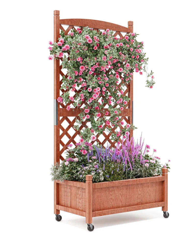 Garvee Holz-Pflanzkasten mit Rankgitter, erhöhtes Hochbeet mit Rollen und Feststellbremsen, Drainagelöchern, vertikales Gitter für Pflanzen und Blumen, für Terrasse, Balkon und Innenbereich, braun – Bild 1