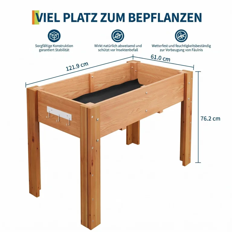 Garvee Hochbeet Holz, Blumenbett, Kräuterbeet, Frühbeet, mit Pflanzfolie, Abflusslöchern und seitlichen Haken, erhöhter Pflanzkasten-Ständer, für Garten, Terrasse, Balkon, Eiche, 122×61×76 cm – Bild 2
