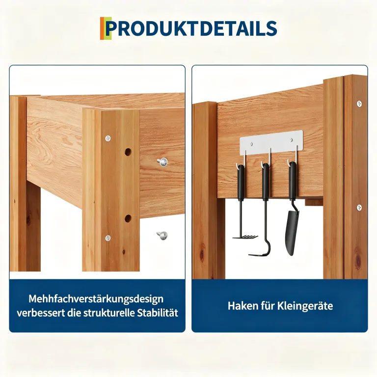 Garvee Hochbeet Holz, Blumenbett, Kräuterbeet, Frühbeet, mit Pflanzfolie, Abflusslöchern und seitlichen Haken, erhöhter Pflanzkasten-Ständer, für Garten, Terrasse, Balkon, Eiche, 122×61×76 cm – Bild 4