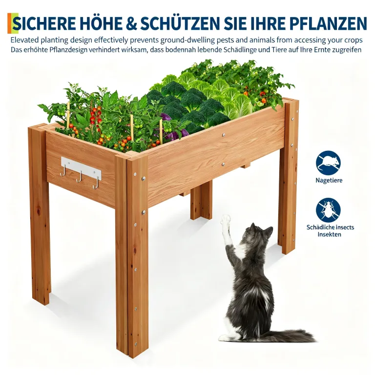 Garvee Hochbeet Holz, Blumenbett, Kräuterbeet, Frühbeet, mit Pflanzfolie, Abflusslöchern und seitlichen Haken, erhöhter Pflanzkasten-Ständer, für Garten, Terrasse, Balkon, Eiche, 122×61×76 cm – Bild 5