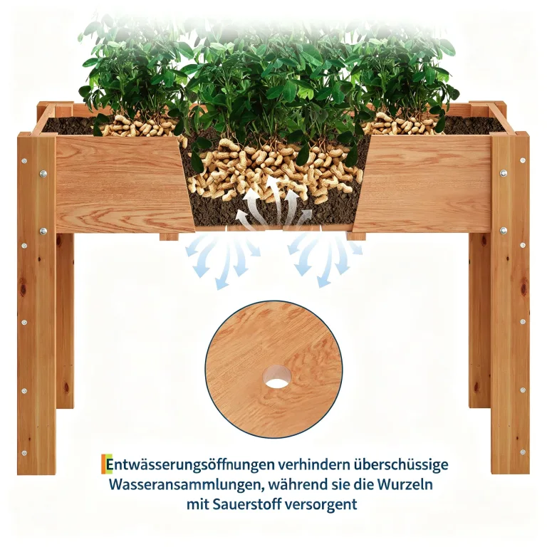 Garvee Hochbeet Holz, Blumenbett, Kräuterbeet, Frühbeet, mit Pflanzfolie, Abflusslöchern und seitlichen Haken, erhöhter Pflanzkasten-Ständer, für Garten, Terrasse, Balkon, Eiche, 122×61×76 cm – Bild 6