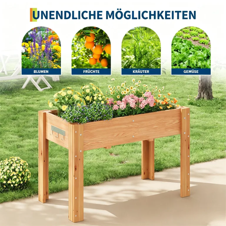 Garvee Hochbeet Holz, Blumenbett, Kräuterbeet, Frühbeet, mit Pflanzfolie, Abflusslöchern und seitlichen Haken, erhöhter Pflanzkasten-Ständer, für Garten, Terrasse, Balkon, Eiche, 122×61×76 cm – Bild 7