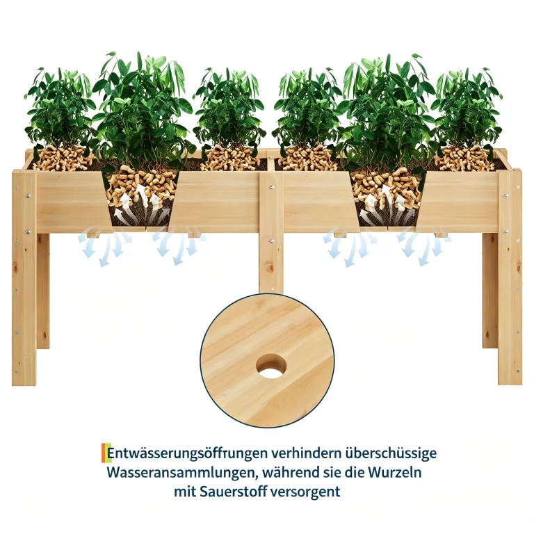 Garvee Hochbeet Holz, Blumenbett, Kräuterbeet, Frühbeet, mit Pflanzfolie, Abflusslöchern und seitlichen Haken, erhöhter Pflanzkasten-Ständer, für Garten, Terrasse, Balkon, Naturfarbe, 183×58×76 cm – Bild 3