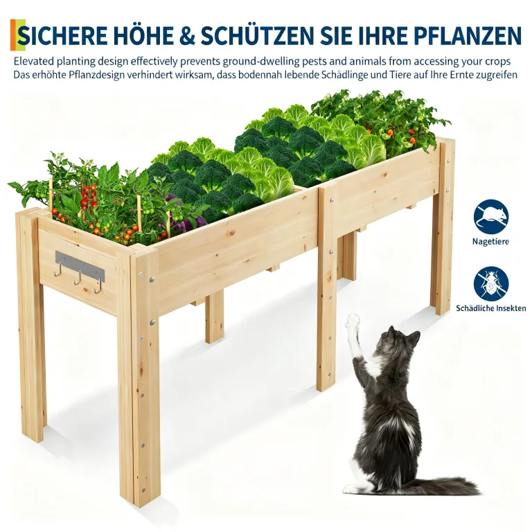 Garvee Hochbeet Holz, Blumenbett, Kräuterbeet, Frühbeet, mit Pflanzfolie, Abflusslöchern und seitlichen Haken, erhöhter Pflanzkasten-Ständer, für Garten, Terrasse, Balkon, Naturfarbe, 183×58×76 cm – Bild 5