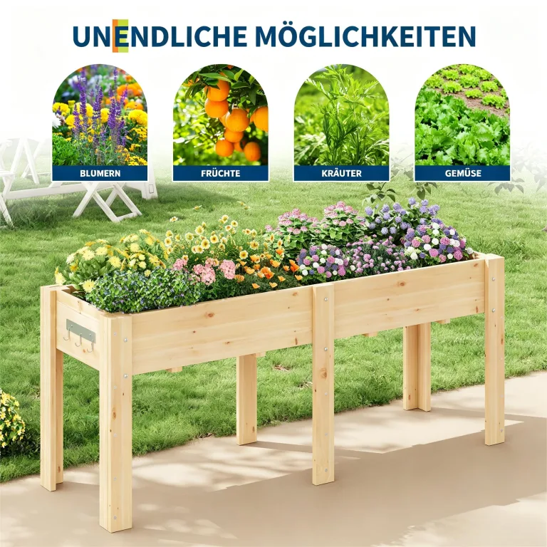 Garvee Hochbeet Holz, Blumenbett, Kräuterbeet, Frühbeet, mit Pflanzfolie, Abflusslöchern und seitlichen Haken, erhöhter Pflanzkasten-Ständer, für Garten, Terrasse, Balkon, Naturfarbe, 183×58×76 cm – Bild 6