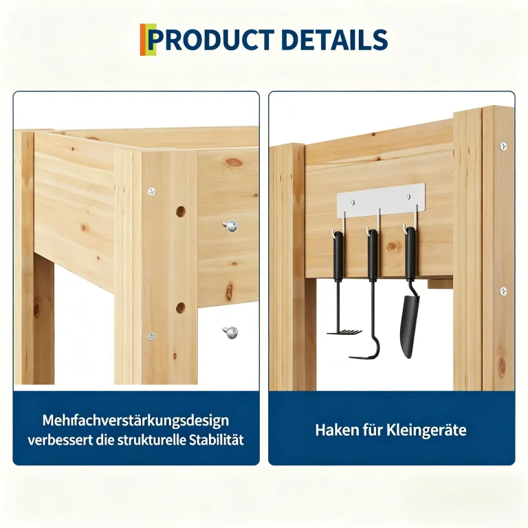 Garvee Hochbeet Holz, Blumenbett, Kräuterbeet, Frühbeet, mit Pflanzfolie, Abflusslöchern und seitlichen Haken, erhöhter Pflanzkasten-Ständer, für Garten, Terrasse, Balkon, Naturfarbe, 183×58×76 cm – Bild 7