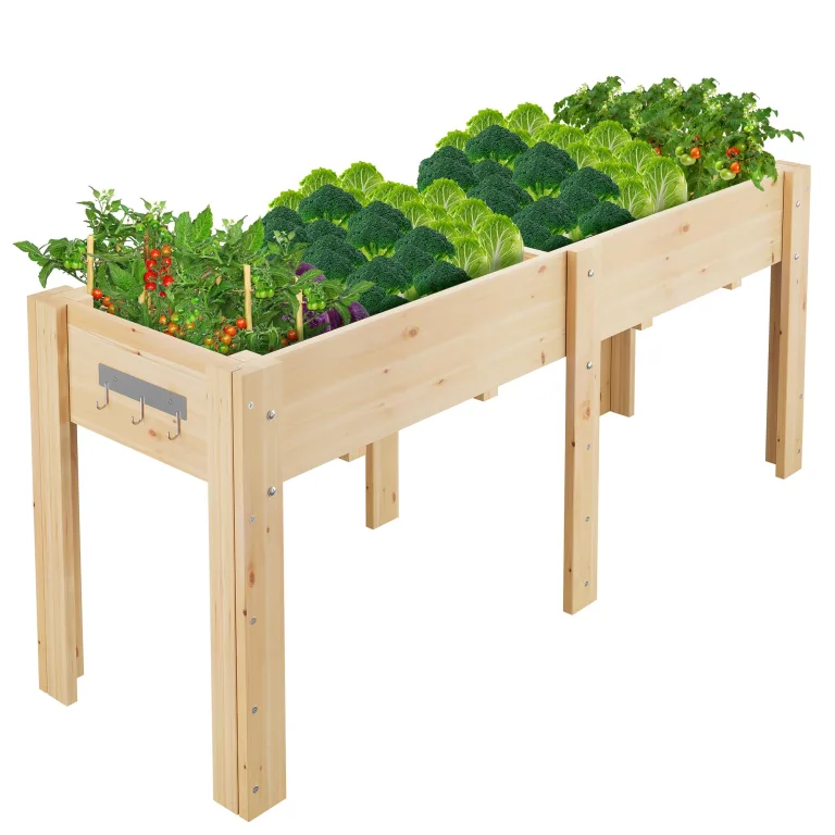 Garvee Hochbeet Holz, Blumenbett, Kräuterbeet, Frühbeet, mit Pflanzfolie, Abflusslöchern und seitlichen Haken, erhöhter Pflanzkasten-Ständer, für Garten, Terrasse, Balkon, Naturfarbe, 183×58×76 cm – Bild 1