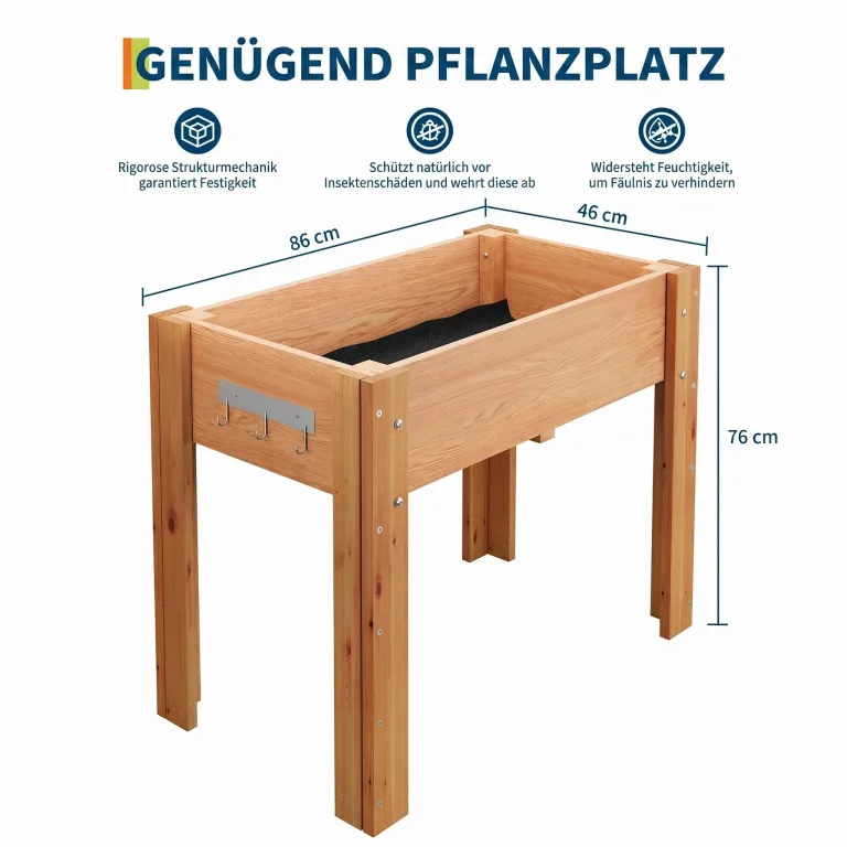 Garvee Hochbeet Holz, Blumenbett, Kräuterbeet, Frühbeet, mit Pflanzfolie, Abflusslöchern und seitlichen Haken, erhöhter Pflanzkasten-Ständer, für Garten, Terrasse, Balkon, Eiche, 86×46×76 cm – Bild 2