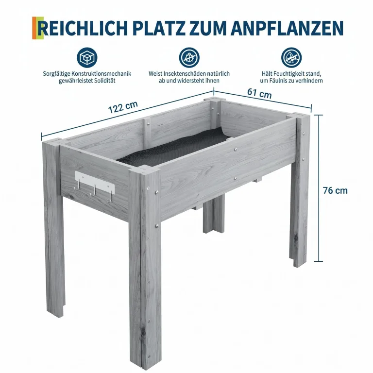 Garvee Hochbeet Holz, Blumenbett, Kräuterbeet, Frühbeet, mit Pflanzfolie, Abflusslöchern und seitlichen Haken, erhöhter Pflanzkasten-Ständer, für Garten, Terrasse, Balkon, Grau, 122×61×76 cm – Bild 2