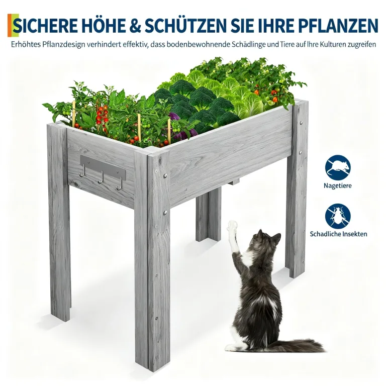 Garvee Hochbeet Holz, Blumenbett, Kräuterbeet, Frühbeet, mit Pflanzfolie, Abflusslöchern und seitlichen Haken, erhöhter Pflanzkasten-Ständer, für Garten, Terrasse, Balkon, Grau, 122×61×76 cm – Bild 4