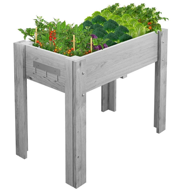 Garvee Hochbeet Holz, Blumenbett, Kräuterbeet, Frühbeet, mit Pflanzfolie, Abflusslöchern und seitlichen Haken, erhöhter Pflanzkasten-Ständer, für Garten, Terrasse, Balkon, Grau, 86×46×76 cm – Bild 1