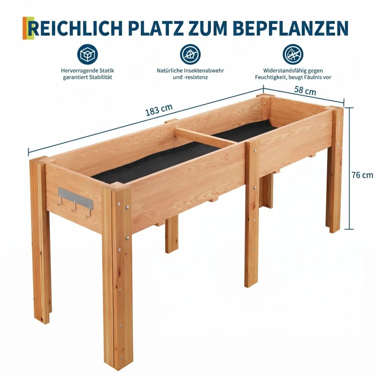 Garvee Hochbeet Holz, Blumenbett, Kräuterbeet, Frühbeet, mit Pflanzfolie, Abflusslöchern und seitlichen Haken, erhöhter Pflanzkasten-Ständer, für Garten, Terrasse, Balkon, Eiche, 183×58×76 cm – Bild 2
