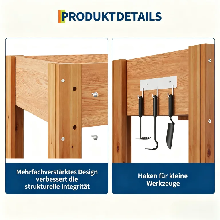 Garvee Hochbeet Holz, Blumenbett, Kräuterbeet, Frühbeet, mit Pflanzfolie, Abflusslöchern und seitlichen Haken, erhöhter Pflanzkasten-Ständer, für Garten, Terrasse, Balkon, Eiche, 183×58×76 cm – Bild 4