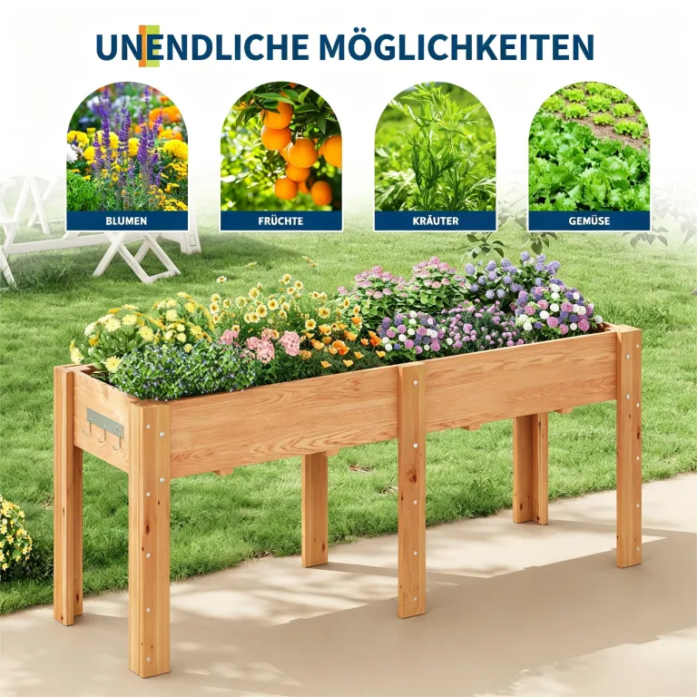Garvee Hochbeet Holz, Blumenbett, Kräuterbeet, Frühbeet, mit Pflanzfolie, Abflusslöchern und seitlichen Haken, erhöhter Pflanzkasten-Ständer, für Garten, Terrasse, Balkon, Eiche, 183×58×76 cm – Bild 6
