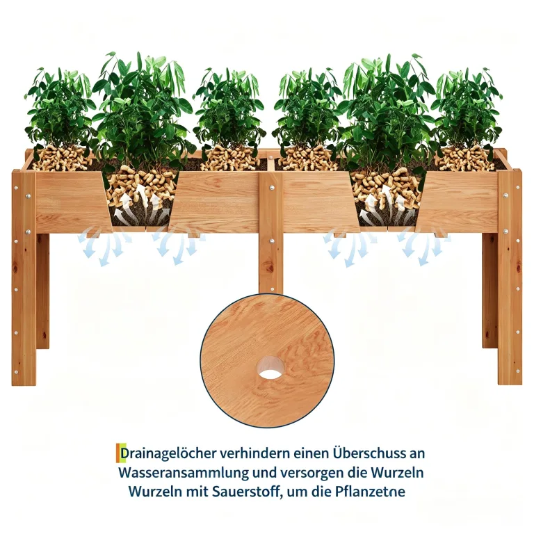 Garvee Hochbeet Holz, Blumenbett, Kräuterbeet, Frühbeet, mit Pflanzfolie, Abflusslöchern und seitlichen Haken, erhöhter Pflanzkasten-Ständer, für Garten, Terrasse, Balkon, Eiche, 183×58×76 cm – Bild 7