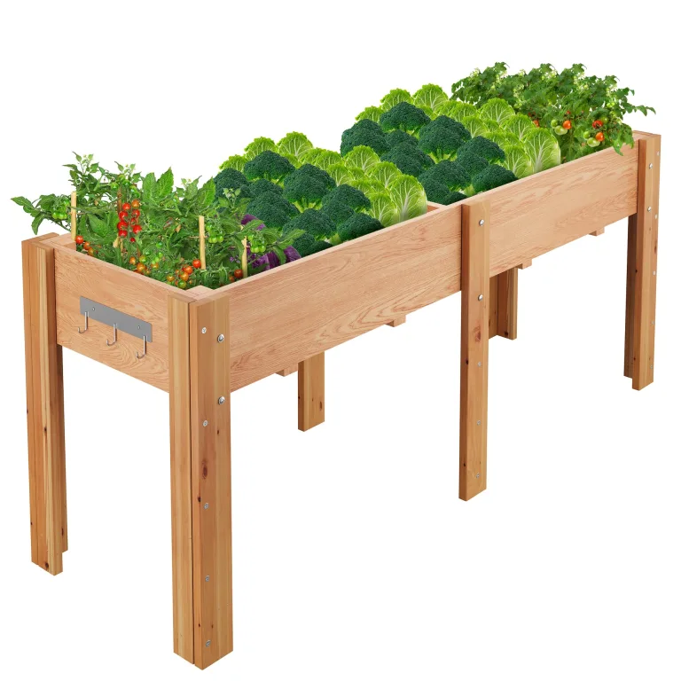 Garvee Hochbeet Holz, Blumenbett, Kräuterbeet, Frühbeet, mit Pflanzfolie, Abflusslöchern und seitlichen Haken, erhöhter Pflanzkasten-Ständer, für Garten, Terrasse, Balkon, Eiche, 183×58×76 cm – Bild 1