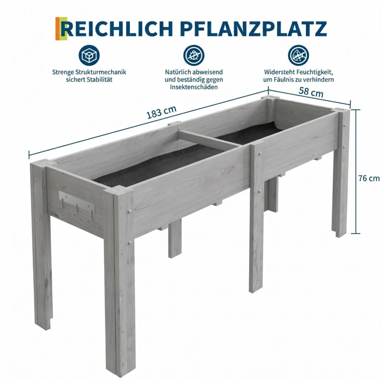 Garvee Hochbeet Holz, Blumenbett, Kräuterbeet, Frühbeet, mit Pflanzfolie, Abflusslöchern und seitlichen Haken, erhöhter Pflanzkasten-Ständer, für Garten, Terrasse, Balkon, Grau, 183×58×76 cm – Bild 2
