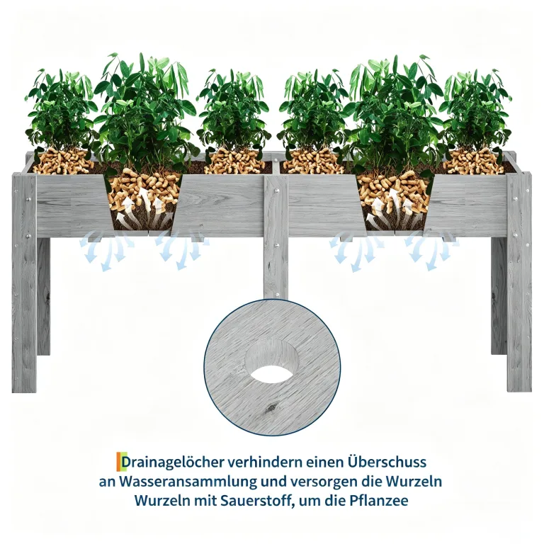 Garvee Hochbeet Holz, Blumenbett, Kräuterbeet, Frühbeet, mit Pflanzfolie, Abflusslöchern und seitlichen Haken, erhöhter Pflanzkasten-Ständer, für Garten, Terrasse, Balkon, Grau, 183×58×76 cm – Bild 5