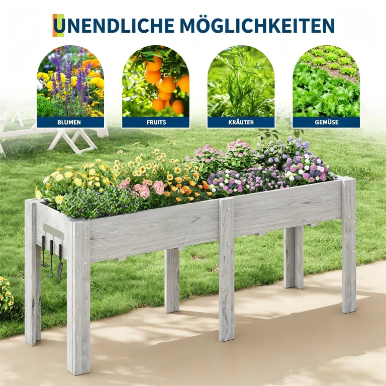 Garvee Hochbeet Holz, Blumenbett, Kräuterbeet, Frühbeet, mit Pflanzfolie, Abflusslöchern und seitlichen Haken, erhöhter Pflanzkasten-Ständer, für Garten, Terrasse, Balkon, Grau, 183×58×76 cm – Bild 7