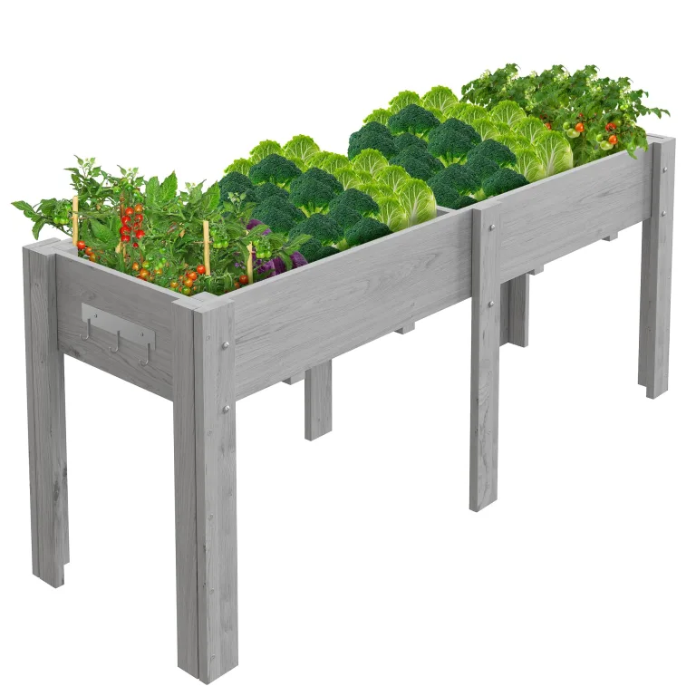 Garvee Hochbeet Holz, Blumenbett, Kräuterbeet, Frühbeet, mit Pflanzfolie, Abflusslöchern und seitlichen Haken, erhöhter Pflanzkasten-Ständer, für Garten, Terrasse, Balkon, Grau, 183×58×76 cm – Bild 1