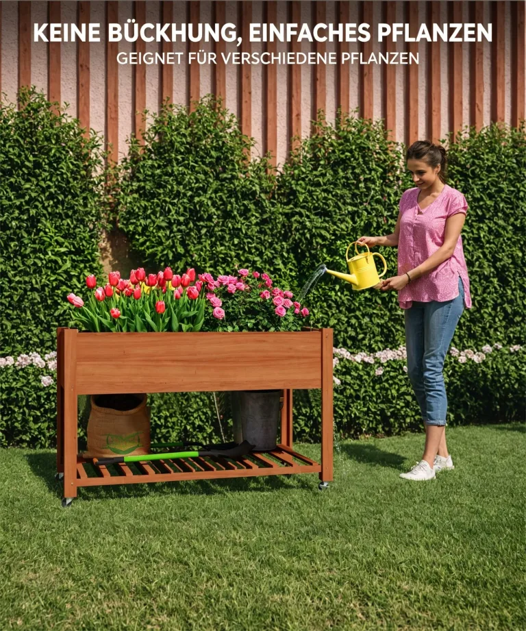 Garvee Hochbeet aus Holz, mit Rollen und Ablageboden, Pflanzkasten, Pflanztrog, Blumenkübel, Kräuterbeet, für Garten, Balkon und Terrasse, 122×61×76 cm, braun – Bild 6