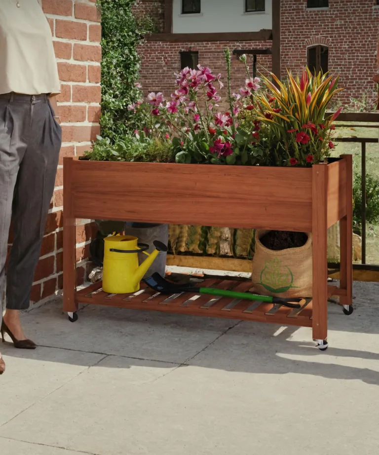 Garvee Hochbeet aus Holz, mit Rollen und Ablageboden, Pflanzkasten, Pflanztrog, Blumenkübel, Kräuterbeet, für Garten, Balkon und Terrasse, 122×61×76 cm, braun – Bild 7