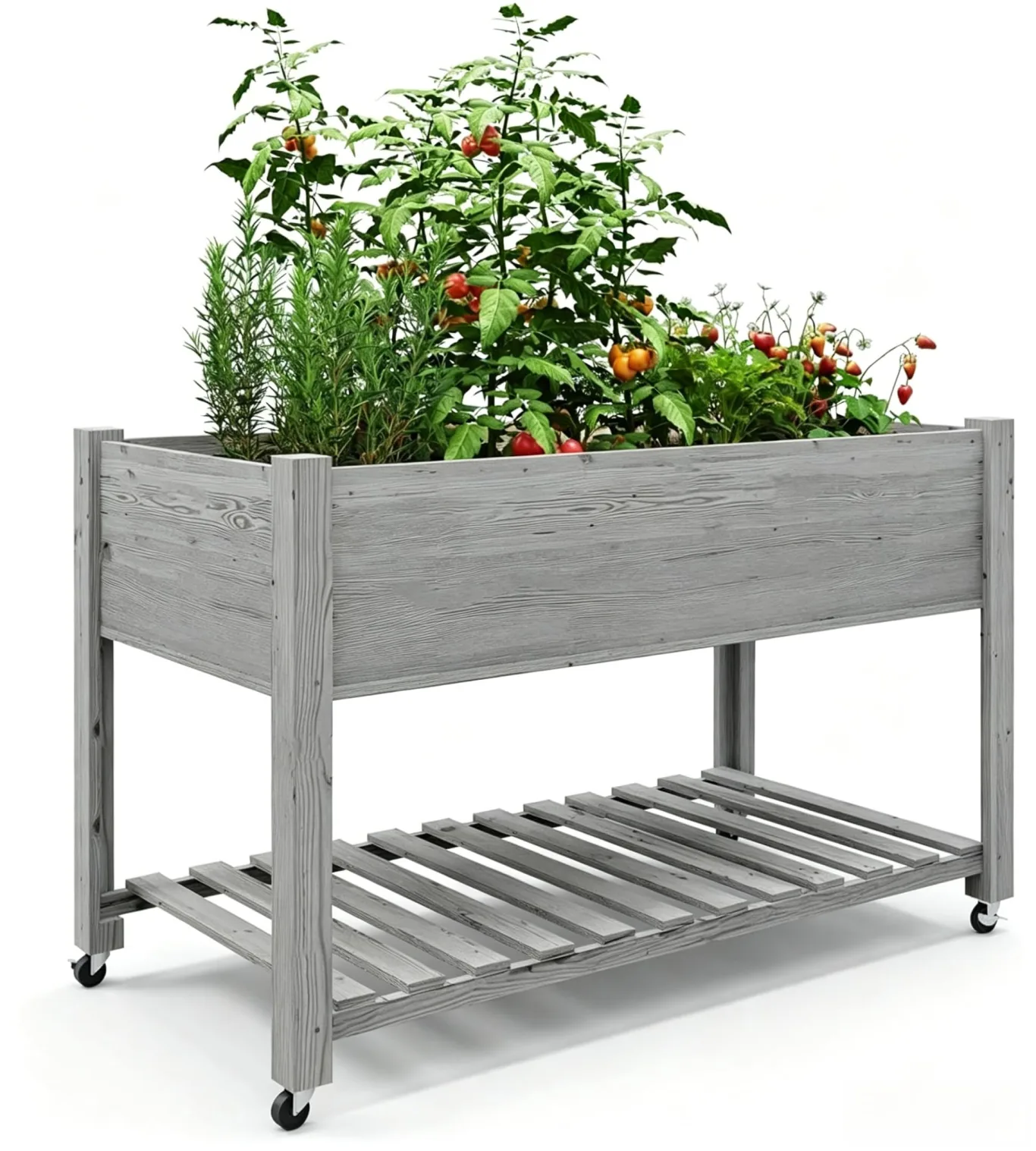 Garvee Hochbeet aus Holz, mit Rollen und Ablageboden, Pflanzkasten, Pflanztrog, Blumenkübel, Kräuterbeet, für Garten, Balkon und Terrasse, 122×61×76 cm, grau - Bild 1