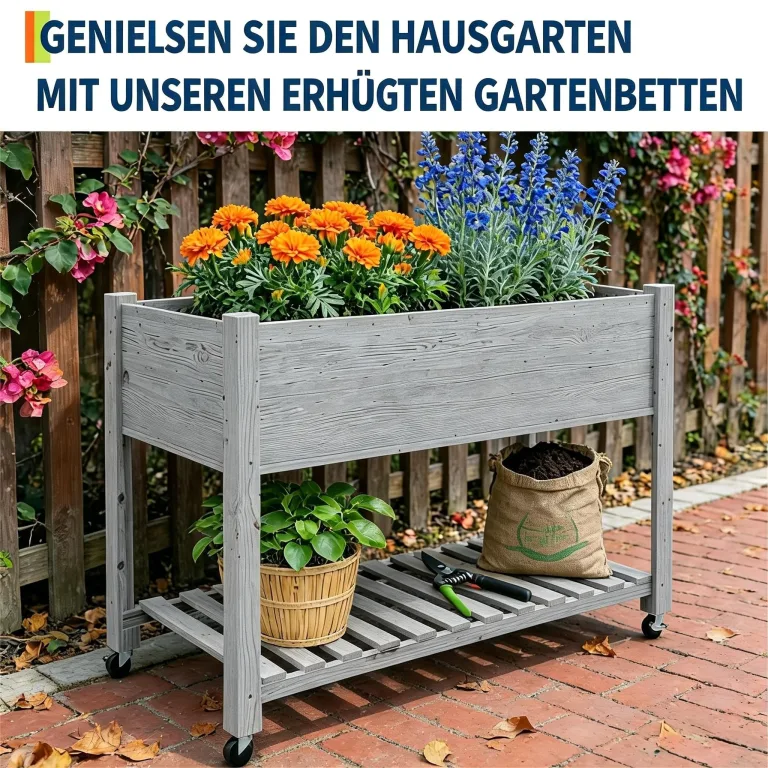 Garvee Hochbeet aus Holz, mit Rollen und Ablageboden, Pflanzkasten, Pflanztrog, Blumenkübel, Kräuterbeet, für Garten, Balkon und Terrasse, 122×61×76 cm, grau – Bild 7