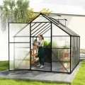 LZQ Gewächshaus Aluminium mit Fundament 310x250x205cm Gartengewächshaus Treibhaus 4mm PC-Hohlkammerplatten Tomatenhaus mit Schiebetür Dachfenster Pflanzenhaus Wetterfest für Aufzucht Gemüse, 8x10 ft - Thumbnail 2