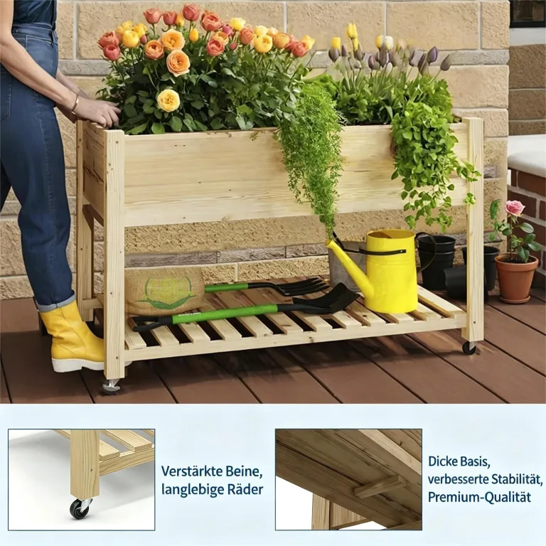 Garvee Hochbeet aus Holz, mit Rollen und Ablageboden, Pflanzkasten, Pflanztrog, Blumenkübel, Kräuterbeet, für Garten, Balkon und Terrasse, 122×61×76 cm, Natur – Bild 5