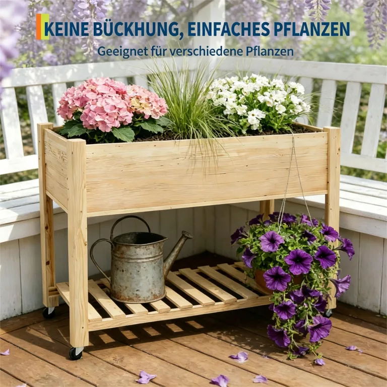 Garvee Hochbeet aus Holz, mit Rollen und Ablageboden, Pflanzkasten, Pflanztrog, Blumenkübel, Kräuterbeet, für Garten, Balkon und Terrasse, 122×61×76 cm, Natur – Bild 7