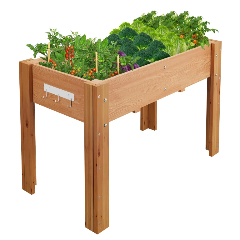 Garvee Hochbeet aus Holz, mit Rollen und Ablageboden, Pflanzkasten, Pflanztrog, Blumenkübel, Kräuterbeet, für Garten, Balkon und Terrasse, 122×61×76 cm, Natur – Bild 9