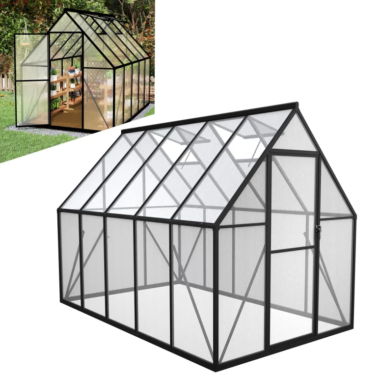 LZQ Gewächshaus Aluminium mit Fundament 280x180x195cm Gartengewächshaus Treibhaus 4mm PC-Hohlkammerplatten Tomatenhaus mit Schiebetür Dachfenster Pflanzenhaus Wetterfest für Aufzucht Gemüse, 6x10 ft – Bild 1