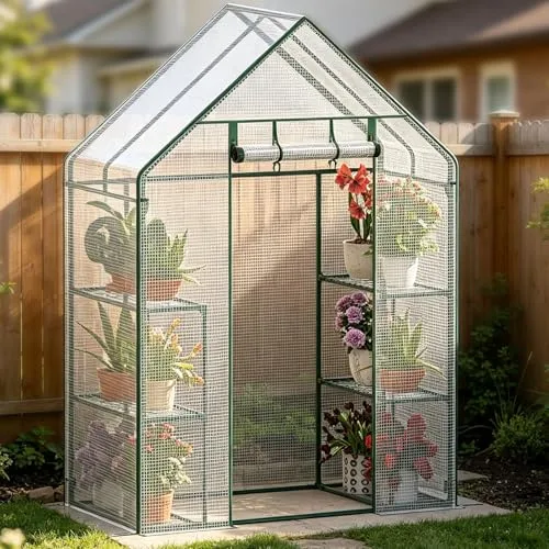 Verdego Gewächshaus 143 x 73 x 195 cm, Foliengewächshaus mit 3 Ebenen, Aufrollbare Tür, PE Gitterfolie, Tomatengewächshaus Winterfest Wetterfest UV-Beständig, Tomatenhaus Garten, Balkon, Weiß – Bild 10
