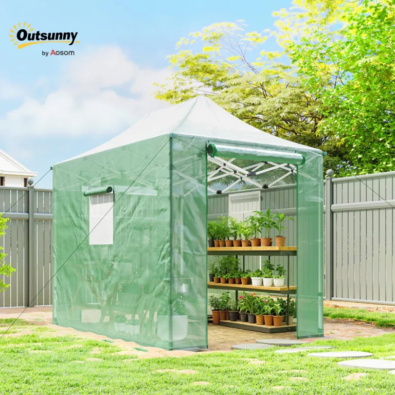 Outsunny Gewächshaus ca. 300x270x200 cm Faltbar Pop Up Tomatenhaus aus PE mit Satteldach, Stabiler Pflanztunnel, aufrollbare Reißverschlusstüren und Fenster, Grün – Bild 2