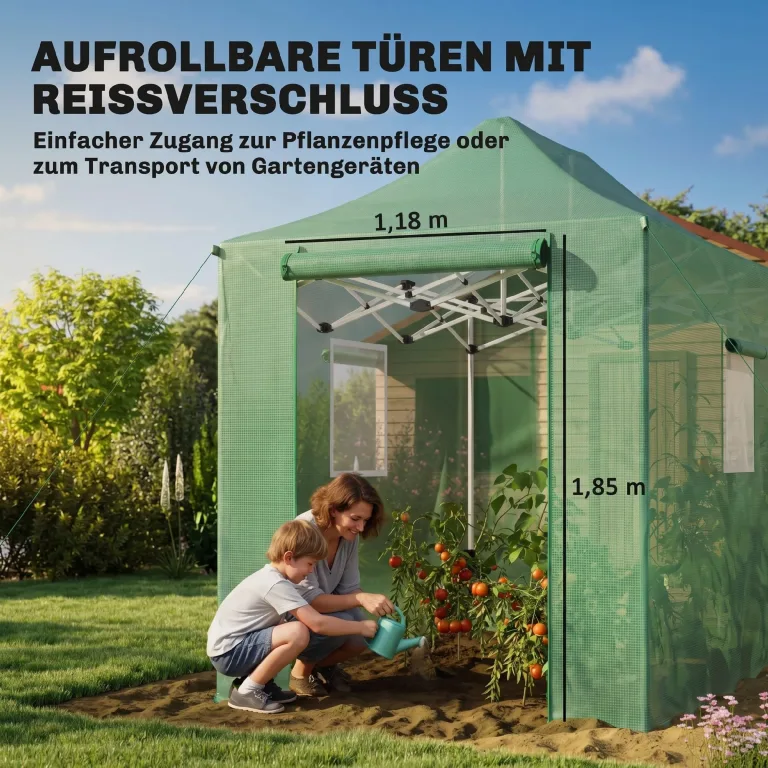 Outsunny Gewächshaus ca. 300x270x200 cm Faltbar Pop Up Tomatenhaus aus PE mit Satteldach, Stabiler Pflanztunnel, aufrollbare Reißverschlusstüren und Fenster, Grün – Bild 5