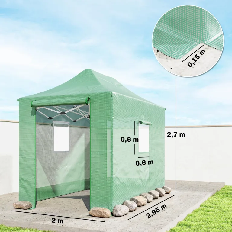 Outsunny Gewächshaus ca. 300x270x200 cm Faltbar Pop Up Tomatenhaus aus PE mit Satteldach, Stabiler Pflanztunnel, aufrollbare Reißverschlusstüren und Fenster, Grün – Bild 7