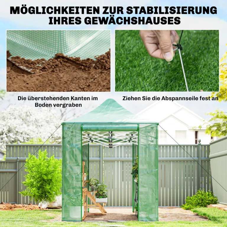 Outsunny Gewächshaus ca. 300x270x200 cm Faltbar Pop Up Tomatenhaus aus PE mit Satteldach, Stabiler Pflanztunnel, aufrollbare Reißverschlusstüren und Fenster, Grün – Bild 9