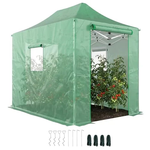 Outsunny Gewächshaus ca. 300x270x200 cm Faltbar Pop Up Tomatenhaus aus PE mit Satteldach, Stabiler Pflanztunnel, aufrollbare Reißverschlusstüren und Fenster, Grün – Bild 10