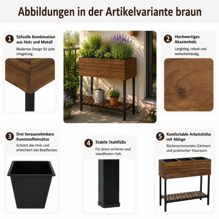 Hochbeet HWC-P84, Pflanzbeet Blumen-/Pflanzkasten Pflanzkübel, Ablage Outdoor Akazie Holz FSC® 79x80x31cm - Hellbraun – Bild 2