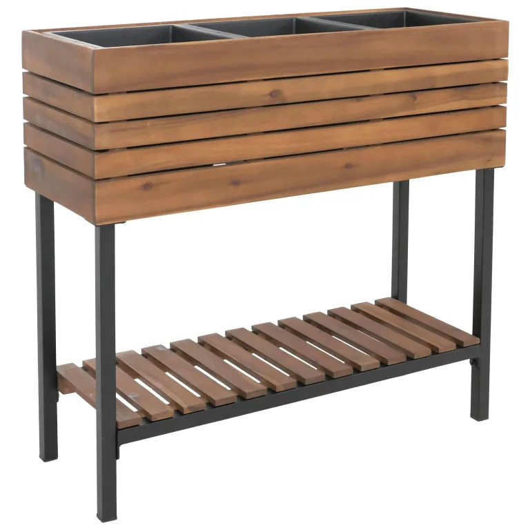 Hochbeet HWC-P84, Pflanzbeet Blumen-/Pflanzkasten Pflanzkübel, Ablage Outdoor Akazie Holz FSC® 79x80x31cm - Hellbraun – Bild 4