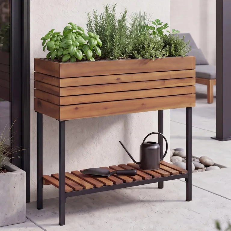 Hochbeet HWC-P84, Pflanzbeet Blumen-/Pflanzkasten Pflanzkübel, Ablage Outdoor Akazie Holz FSC® 79x80x31cm - Hellbraun – Bild 1