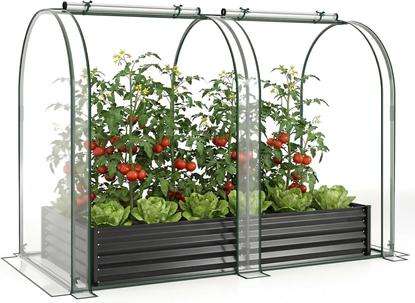 GOPLUS 3 in 1 Hochbeet mit Gewächshaus, Foliengewächshaus mit transparenter PVC-Abdeckung & 2 Fenstern, Gartenbeet Metall, Pflanzbeet Treibhaus Tomatenhaus für Garten, Balkon, 180x100x145 cm (Schwarz) - Bild 1