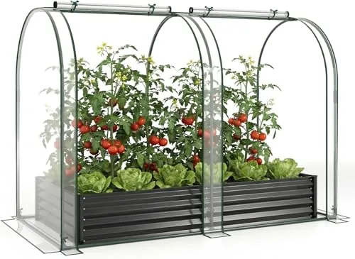 GOPLUS 3 in 1 Hochbeet mit Gewächshaus, Foliengewächshaus mit transparenter PVC-Abdeckung & 2 Fenstern, Gartenbeet Metall, Pflanzbeet Treibhaus Tomatenhaus für Garten, Balkon, 180x100x145 cm (Schwarz) – Bild 3