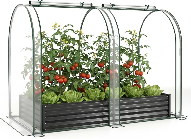 GOPLUS 3 in 1 Hochbeet mit Gewächshaus, Foliengewächshaus mit transparenter PVC-Abdeckung & 2 Fenstern, Gartenbeet Metall, Pflanzbeet Treibhaus Tomatenhaus für Garten, Balkon, 180x100x145 cm (Schwarz) – Bild 1