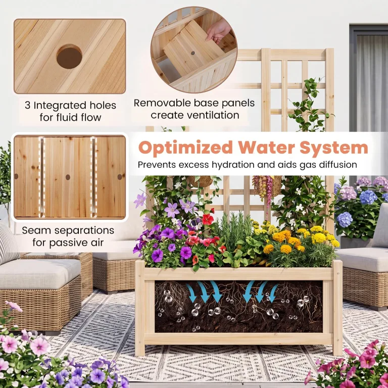 HOMASIS Blumenkasten mit Sichtschutz, Pflanzkübel mit Rankgitter, Pflanzkasten aus Holz, Hochbeet Pflanzgefäß Rankkasten Gartenspalier Rankhilfe für Balkon Garten Terrasse (Natur, 76x32x143cm) – Bild 6