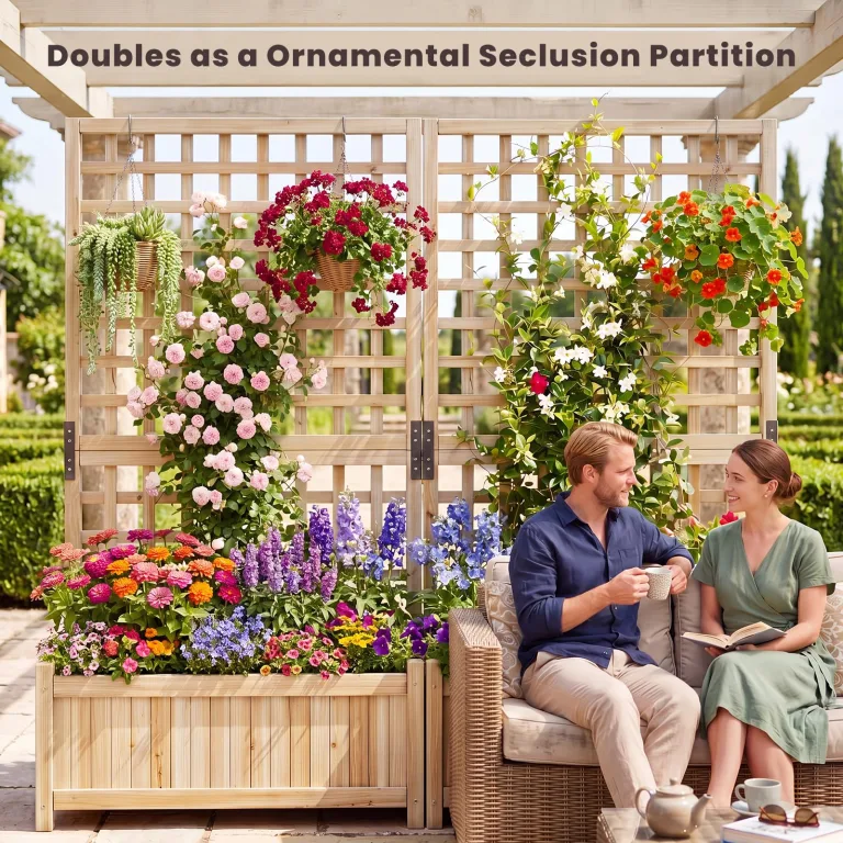 HOMASIS Blumenkasten mit Sichtschutz, Pflanzkübel mit Rankgitter, Pflanzkasten aus Holz, Hochbeet Pflanzgefäß Rankkasten Gartenspalier Rankhilfe für Balkon Garten Terrasse (Natur, 76x32x143cm) – Bild 8