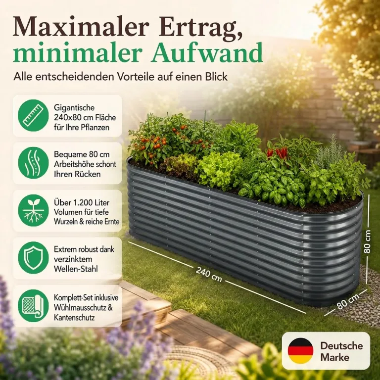 Hochbeet Metall 240x80x80 cm, verzinkter Stahl, wetterfest, oval mit abgerundeten Ecken, inkl. MontageSet, Handschuhe und Nagetierschutz (Anthrazit, 240 x 80 x 80 cm) – Bild 2